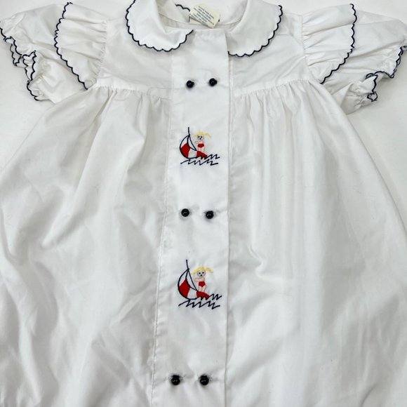 Vintage Nanette Sailor Baby One Piece Embroidered Scalloped Edge Sail Boat - Picture 1 of 8